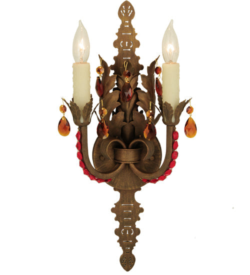 Meyda Lighting Grosetto 9" 2-Light Cortez Gold Wall Sconce With Red And Amber Crystal Shade