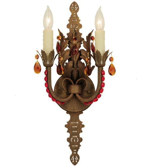 Meyda Lighting Grosetto 9" 2-Light Cortez Gold Wall Sconce With Red And Amber Crystal Shade