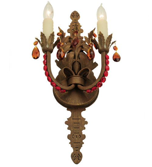 Meyda Lighting Grosetto 9" 2-Light Cortez Gold Wall Sconce With Red And Amber Crystal Shade