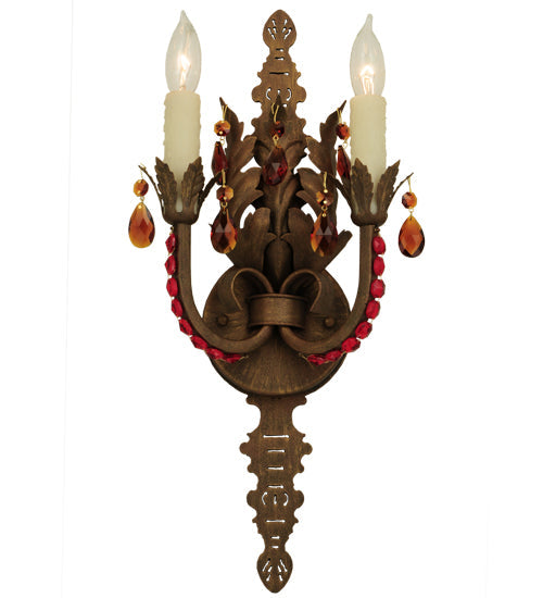 Meyda Lighting Grosetto 9" 2-Light Cortez Gold Wall Sconce With Red And Amber Crystal Shade