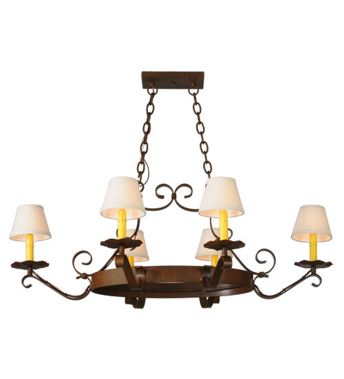 Meyda Lighting Handforged 40" 6-Light Rustic Iron Oval Chandelier With Beige Textrene Shade