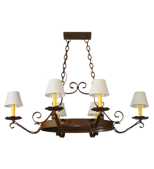 Meyda Lighting Handforged 40" 6-Light Rustic Iron Oval Chandelier With Beige Textrene Shade