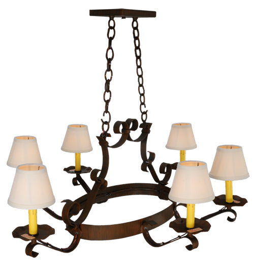 Meyda Lighting Handforged 40" 6-Light Rustic Iron Oval Chandelier With Beige Textrene Shade