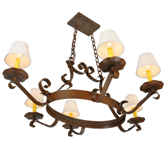 Meyda Lighting Handforged 40" 6-Light Rustic Iron Oval Chandelier With Beige Textrene Shade