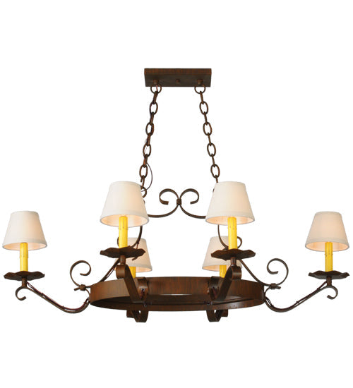 Meyda Lighting Handforged 40" 6-Light Rustic Iron Oval Chandelier With Beige Textrene Shade