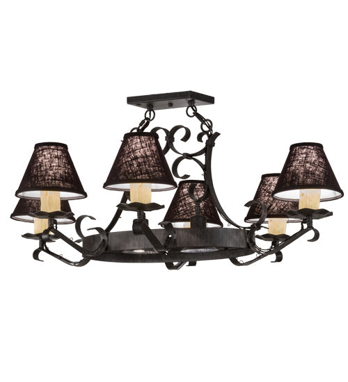 Meyda Lighting Handforged 40" 8-Light Antique Iron Gate Oval Chandelier With Black Faille Shades