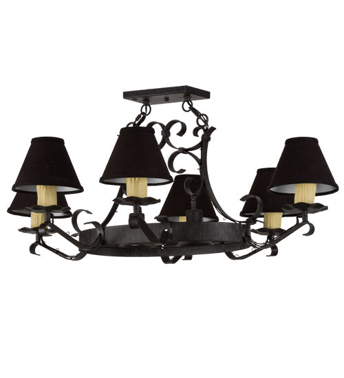 Meyda Lighting Handforged 40" 8-Light Antique Iron Gate Oval Chandelier With Black Faille Shades