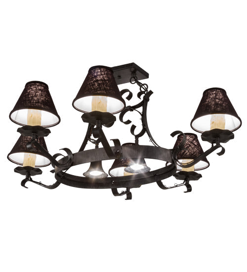 Meyda Lighting Handforged 40" 8-Light Antique Iron Gate Oval Chandelier With Black Faille Shades