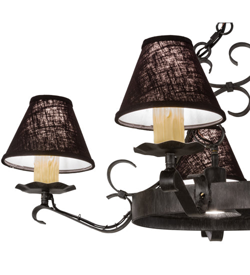Meyda Lighting Handforged 40" 8-Light Antique Iron Gate Oval Chandelier With Black Faille Shades
