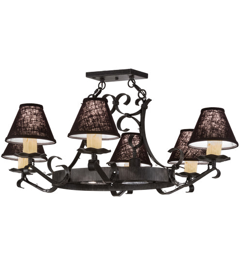Meyda Lighting Handforged 40" 8-Light Antique Iron Gate Oval Chandelier With Black Faille Shades