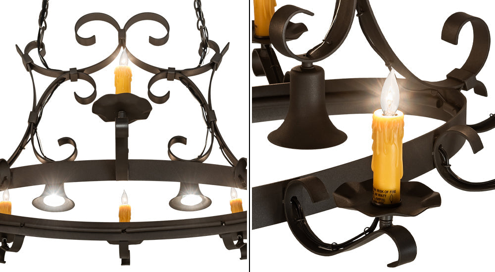 Meyda Lighting Handforged 51" 10-Light Wrought Iron Island Chandelier With Amber Faux Candlelight