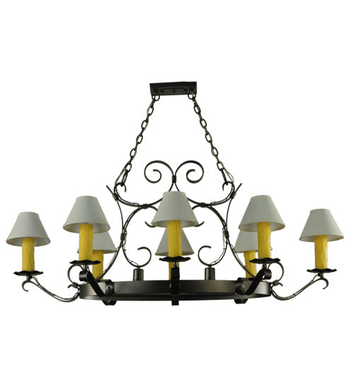 Meyda Lighting Handforged 56" 10-Light Blackened Pewter Oval Chandelier With White Natural Linen Shade