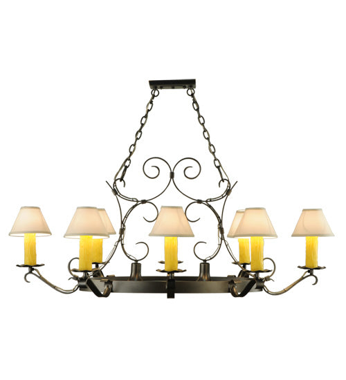 Meyda Lighting Handforged 56" 10-Light Blackened Pewter Oval Chandelier With White Natural Linen Shade