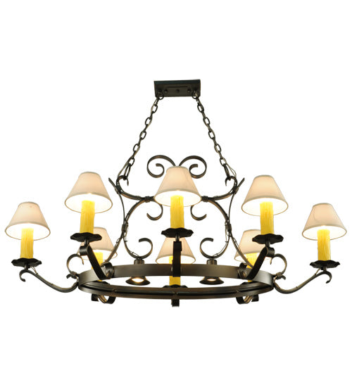 Meyda Lighting Handforged 56" 10-Light Blackened Pewter Oval Chandelier With White Natural Linen Shade