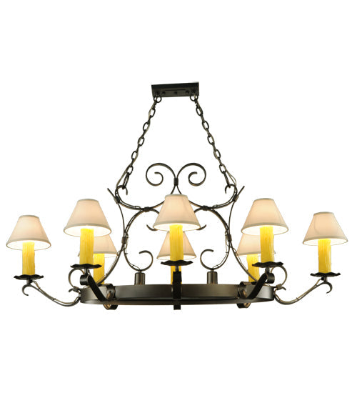 Meyda Lighting Handforged 56" 10-Light Blackened Pewter Oval Chandelier With White Natural Linen Shade