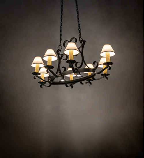Meyda Lighting Handforged 56" 10-Light Old Wrought Iron Chandelier With White Natural Linen Shade