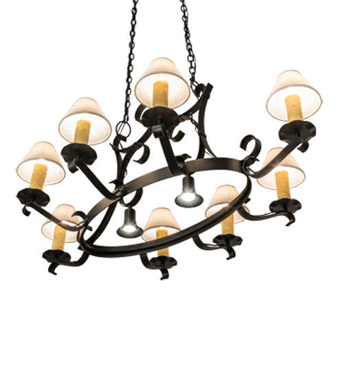 Meyda Lighting Handforged 56" 10-Light Old Wrought Iron Chandelier With White Natural Linen Shade