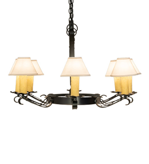 Meyda Lighting Handforged 56" 10-Light Old Wrought Iron Chandelier With White Natural Linen Shade