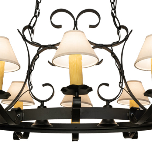 Meyda Lighting Handforged 56" 10-Light Old Wrought Iron Chandelier With White Natural Linen Shade