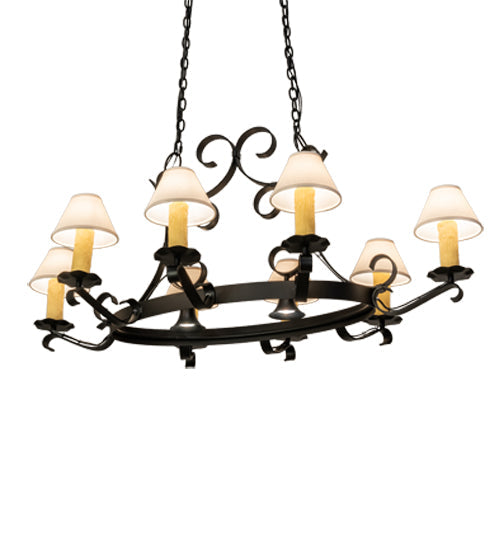 Meyda Lighting Handforged 56" 10-Light Old Wrought Iron Chandelier With White Natural Linen Shade