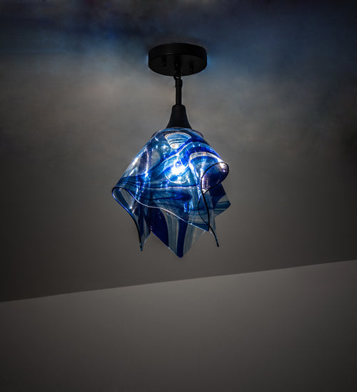 Meyda Lighting Handkerchief 20" Craftsman Brown Curacao Swirl Pendant Light With Blue & Clear Shade Glass