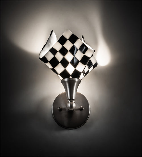 Meyda Lighting Handkerchief 8" Brushed Nickel Grand Prix Wall Sconce With Black & White Shade Glass