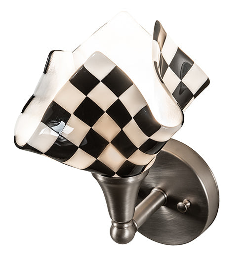 Meyda Lighting Handkerchief 8" Brushed Nickel Grand Prix Wall Sconce With Black & White Shade Glass