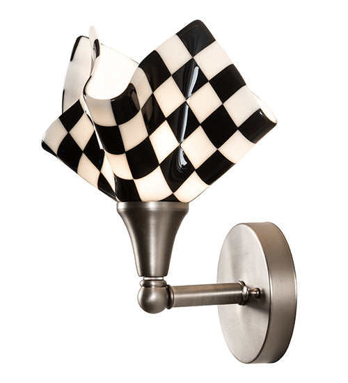 Meyda Lighting Handkerchief 8" Brushed Nickel Grand Prix Wall Sconce With Black & White Shade Glass