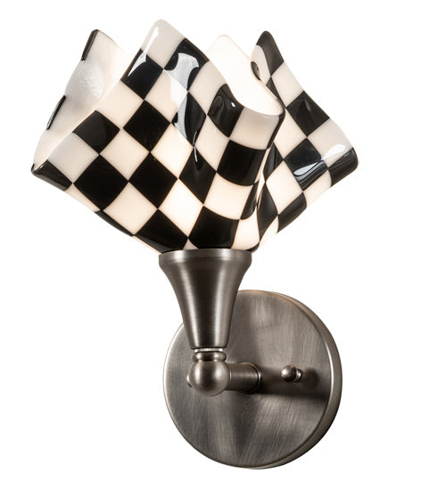 Meyda Lighting Handkerchief 8" Brushed Nickel Grand Prix Wall Sconce With Black & White Shade Glass