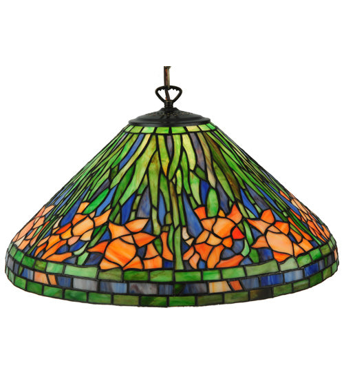 Meyda Lighting Hanging Daffodil 20" Mahogany Bronze Pendant Light With Multi-Colored Shade Glass