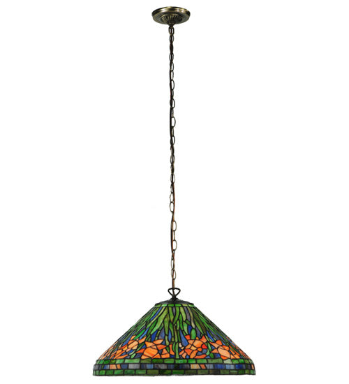 Meyda Lighting Hanging Daffodil 20" Mahogany Bronze Pendant Light With Multi-Colored Shade Glass