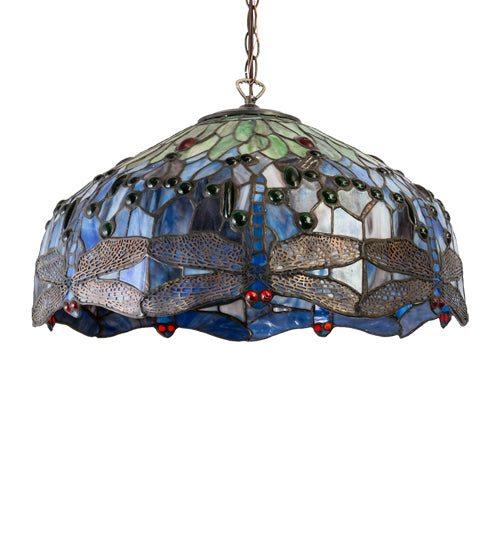 Meyda Lighting Hanginghead Dragonfly 20" Antique Brass Pendant Light With Multi-Colored Stained Shade Glass