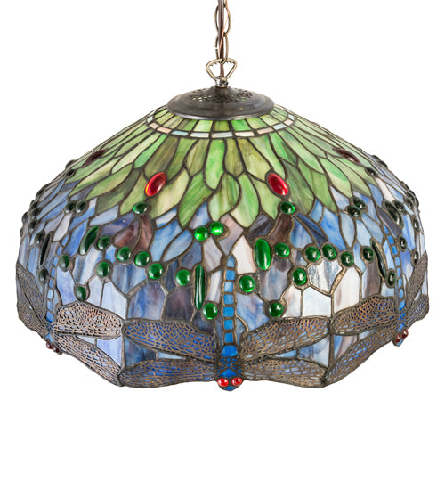 Meyda Lighting Hanginghead Dragonfly 20" Antique Brass Pendant Light With Multi-Colored Stained Shade Glass