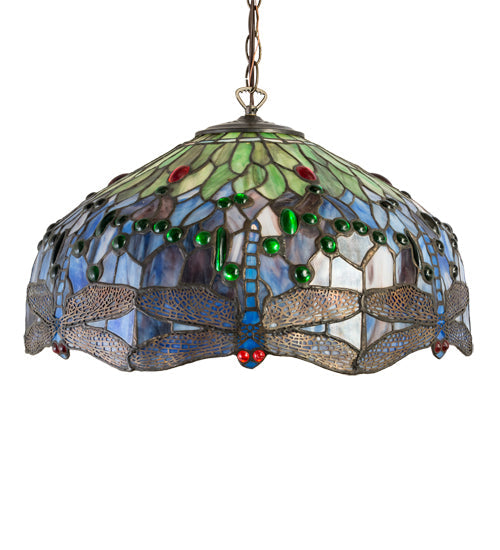 Meyda Lighting Hanginghead Dragonfly 20" Antique Brass Pendant Light With Multi-Colored Stained Shade Glass
