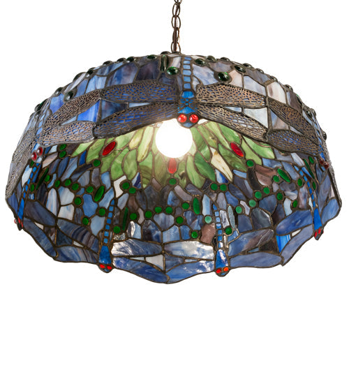 Meyda Lighting Hanginghead Dragonfly 20" Antique Brass Pendant Light With Multi-Colored Stained Shade Glass
