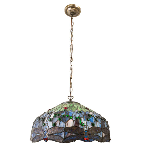 Meyda Lighting Hanginghead Dragonfly 20" Antique Brass Pendant Light With Multi-Colored Stained Shade Glass