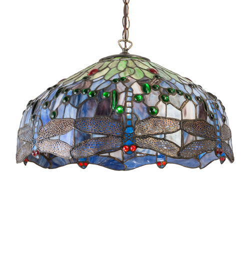 Meyda Lighting Hanginghead Dragonfly 20" Antique Brass Pendant Light With Multi-Colored Stained Shade Glass
