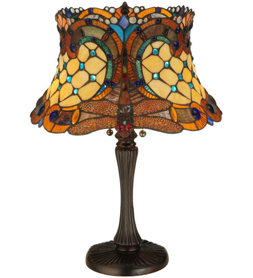 Meyda Lighting Hanginghead Dragonfly 23" 2-Light Mahogany Bronze Table Lamp With Multi-Colored Shade Glass