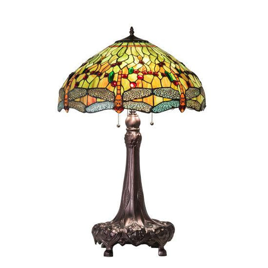 Meyda Lighting Hanginghead Dragonfly 31" Mahogany Bronze Table Lamp With Tiffany Shade Glass