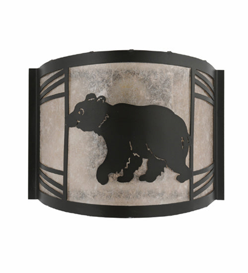 Meyda Lighting Happy Bear on the Loose 12" LED Textured Black Left Wall Sconce With Silver Mica Shade Glass