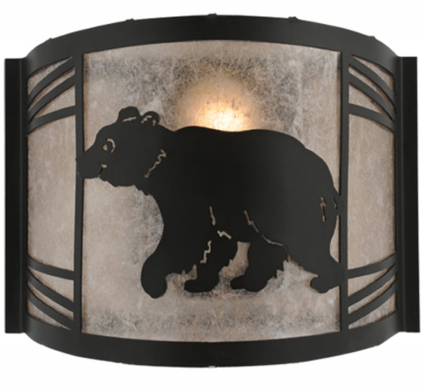 Meyda Lighting Happy Bear on the Loose 12" LED Textured Black Left Wall Sconce With Silver Mica Shade Glass