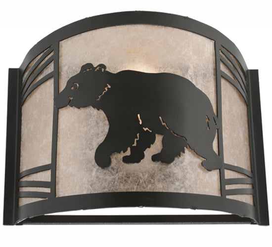 Meyda Lighting Happy Bear on the Loose 12" LED Textured Black Left Wall Sconce With Silver Mica Shade Glass