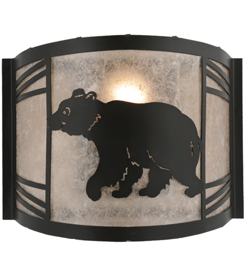 Meyda Lighting Happy Bear on the Loose 12" LED Textured Black Left Wall Sconce With Silver Mica Shade Glass