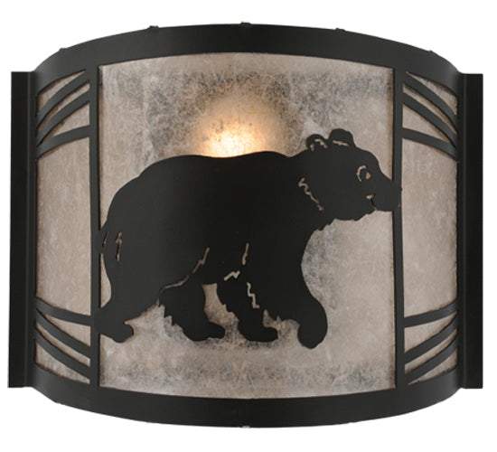 Meyda Lighting Happy Bear on the Loose 12" LED Textured Black Right Wall Sconce With Silver Mica Shade Glass