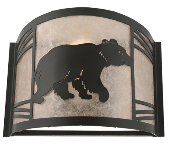Meyda Lighting Happy Bear on the Loose 12" LED Textured Black Right Wall Sconce With Silver Mica Shade Glass