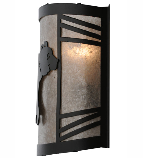 Meyda Lighting Happy Bear on the Loose 12" LED Textured Black Right Wall Sconce With Silver Mica Shade Glass