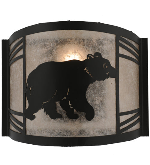 Meyda Lighting Happy Bear on the Loose 12" LED Textured Black Right Wall Sconce With Silver Mica Shade Glass