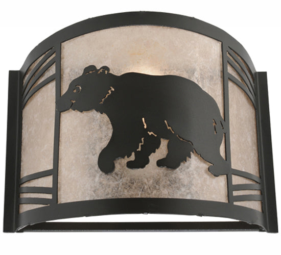 Meyda Lighting Happy Bear on the Loose 12" Textured Black Left Wall Sconce With Silver Mica Shade Glass