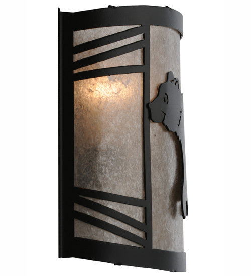 Meyda Lighting Happy Bear on the Loose 12" Textured Black Left Wall Sconce With Silver Mica Shade Glass