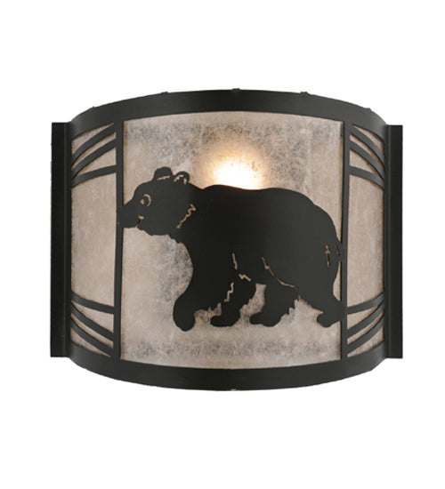 Meyda Lighting Happy Bear on the Loose 12" Textured Black Left Wall Sconce With Silver Mica Shade Glass